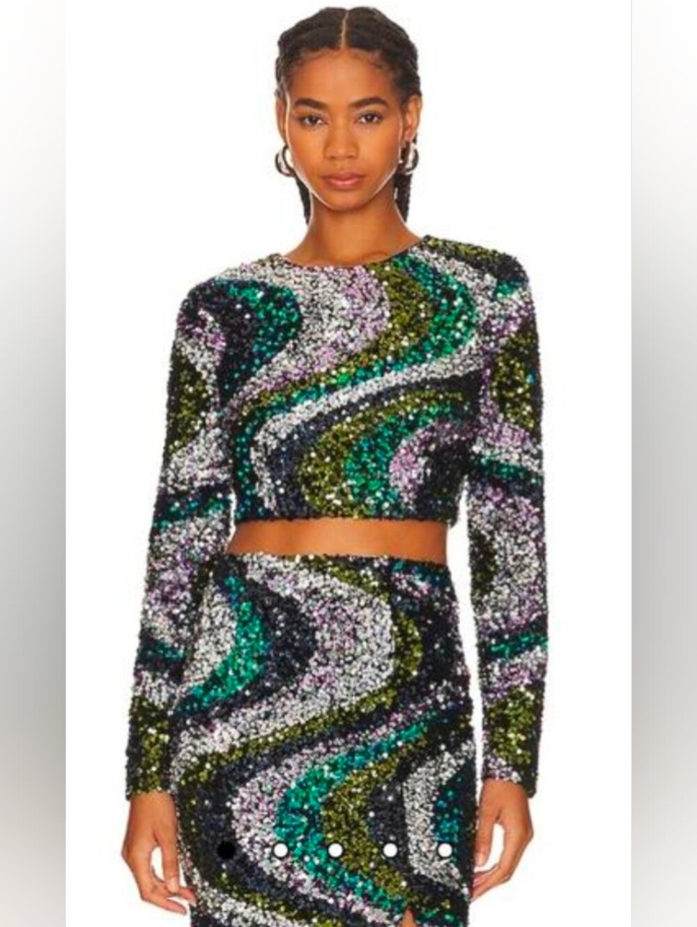 Elliatt | Frances black multi colored swirl all over sequin long sleeve crop top